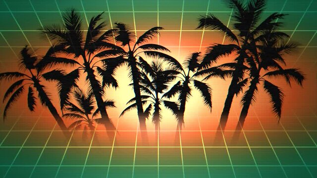 Summer landscape with neon grid and tropical palms in 80s style, motion abstract cyber, futuristic and retro style background