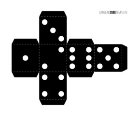 Cube for gambling paper template. Casino craps and playing games vector illustration. Poker cube cutout black and white blueprint, numbers with dots isolated on white background