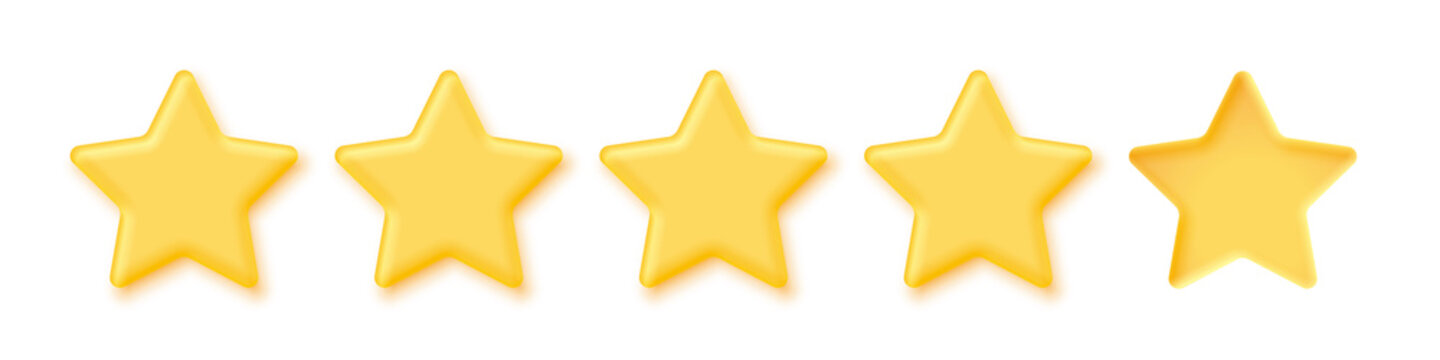 5 gold stars for product review, 3d yellow or golden ranking symbols in row for feedback