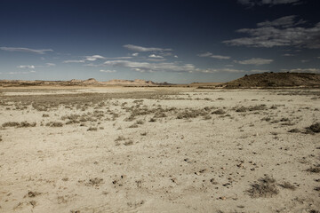 Desert area in hot summer day with dry vegetation in Bardenas Reales de Navarra, Spain