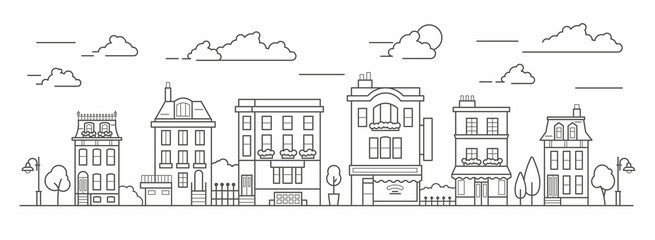 Naklejka premium Landscape in line art style. Outline street with houses, building, tree and clouds. Cafe, pharmacy, hotel and bus stop. Vector