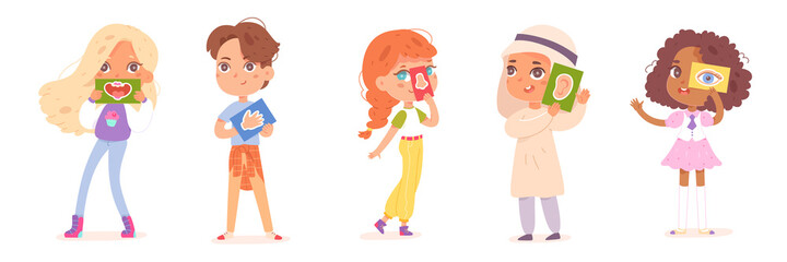 Five senses set, kids with 5 cards with organs of sight hearing smell taste and touch