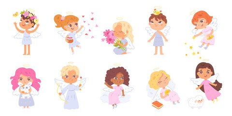Angel cute little child set, funny cherub flying in sky, cupid holding bow and arrow
