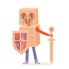 Kid playing with cardboard knight costume, cute child with paper armor, shield and sword