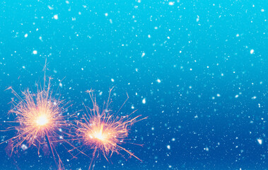 Burning sparklers on abstract snowy background. Happy new year. 3d illustration
