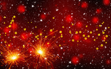 Obraz premium Burning sparklers on abstract snowy background. Happy new year. 3d illustration 