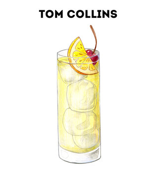 Tom Collins cocktail illustration. Alcoholic cocktail hand drawn illustration. Color sketch. Colored pencil drawing. Isolated object