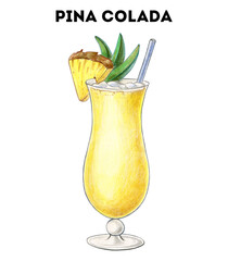 Pina Colada cocktail illustration. Alcoholic cocktail hand drawn illustration. Color sketch. Colored pencil drawing. Isolated object - obrazy, fototapety, plakaty