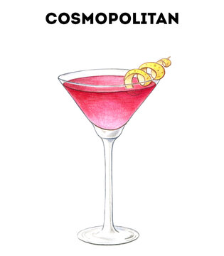 Cosmopolitan cocktail illustration. Alcoholic cocktail hand drawn illustration. Color sketch. Colored pencil drawing. Isolated object