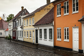 Charming street corner with beautiful building in Odense, Denmark