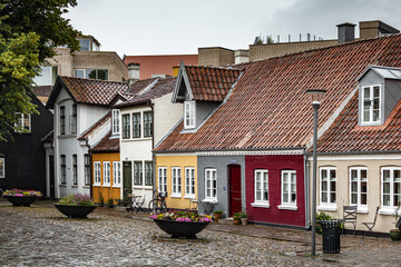 Charming street corner with beautiful building in Odense, Denmark