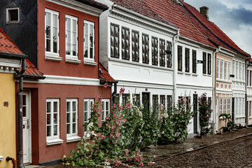 Charming street corner with beautiful building in Odense, Denmark