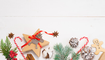 Christmas and new year attributes on wooden background