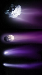 Comparison of large comet's on a black background. Comet's of different sizes and shapes. Composite image of space stones. 