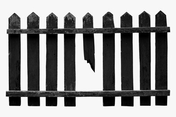 Black-grey old wooden fence isolated on white background. Broken fence