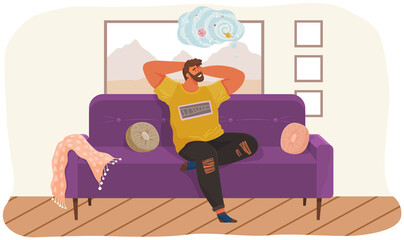 Man lying on sofa in apartment. Happy young guy relaxing, dreaming. Rest on couch and think about something. Home leisure. Male character lies on divan and smiles, enjoying time at home after work