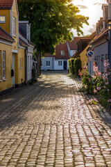 Beautiful houses in old town at sunset in Koege, Denmark
