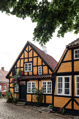 Beautiful view from the street in old quaint town in Faaborg, Denmark