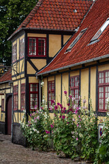 Fototapeta na wymiar Beautiful view from the street in old quaint town in Faaborg, Denmark