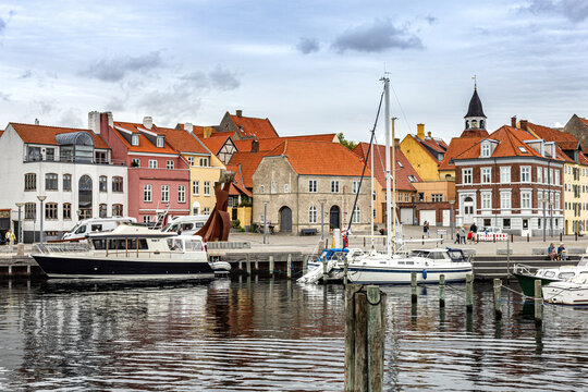 Beautiful view from the street in old quaint town in Faaborg, Denmark