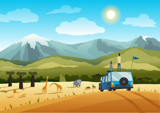 African safari flat vector banner concept. Tourists on car taking photos of cartoon characters. Tropical tourism, exotic recreation poster. Wilderness savannah exploration illustration