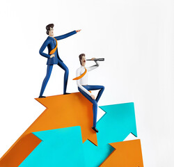 3D rendering illustration. Successful businessman stands on arrow which is pointing up as symbol of achievement and success 