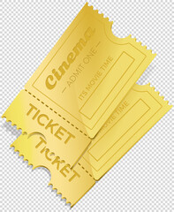 Two retro cinema tickets. Yellow ticket entry admission vector illustration on white background. Permission to enter on performance, paper invitation coupon in flat style, cardboard entertainment sign