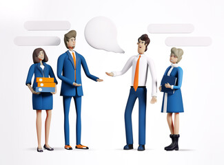 3D rendering illustration. Group of business people are talking. Business people and speech bubbles