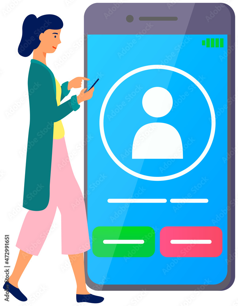 Poster female character uses smartphone to call chatting in messenger. application for virtual communicatio