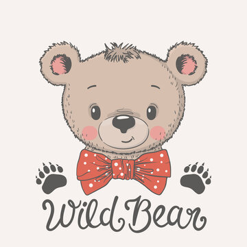 Cute bear boy face with bow tie. Wild Bear slogan