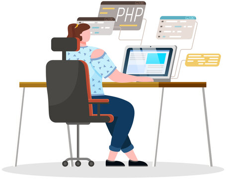 Programmer engineering and coding. Coder programmers working on web development on computer. Concept of script coding and programming in php, javascript, python, other languages. Software developers