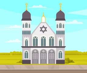 Synagogue for Jews isolated on white background. Temple vector classic cathedral illustration. Religious building in style of ancient architecture, traditional prayer house
