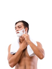 Handsome man shaving isolated on white