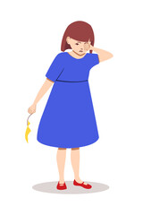 Little cute girl in blue dress is crying because balloon burst in flat vector