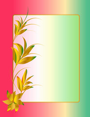 Celebrations congratulations card surrounded with golden tree branches and leaves on love color background.
