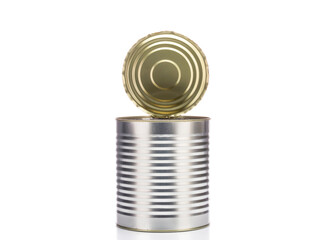 Silver metal food cans with open lids isolated on a white background