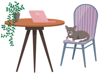Table with laptop and cat on chair in interior of workplace. Modern workplace with furniture and kitten sitting on chair. Arrangement of furniture at place for working with technology at home