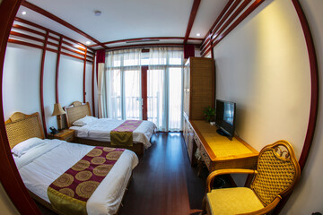 Obraz premium The interior of the hotel, the bed and furniture of the hotel