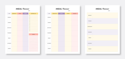 Daily and weekly meal planner. Minimalist planner pages templates. Weekly Meal planner and Shopping list. Printable weekly meal planner templates. Set of meal planner templates.