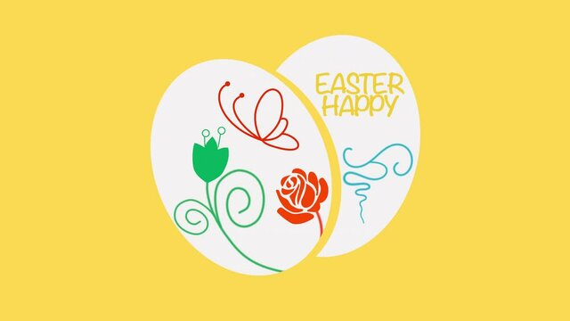 Happy Easter with eggs and flowers on yellow color, motion holidays and spring style background