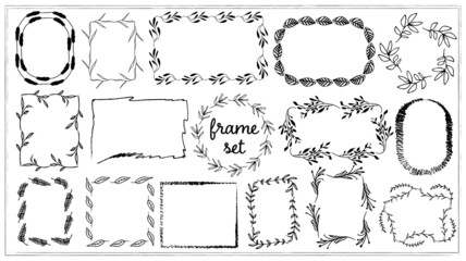 Set of wreaths from grass design elements. Circles and rectangles border vector ornaments.