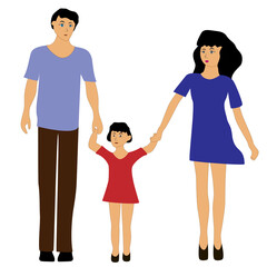 A husband and wife holding hands with their daughter.