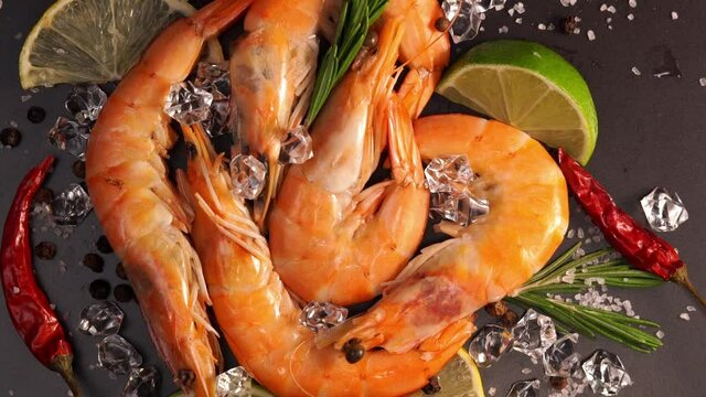 Top view of fresh raw orange prawns in ice rotates on black tray. Close up of shrimps with lemon, lime, chili and rosemary. Seafood background