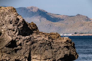 Sailing from boat with coast in horizon during clear day in Spain, Mallorca