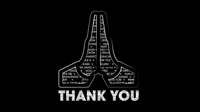Hands joined silhouette made of multi language thank you words moving horizontally, seamless loop with alpha channel  