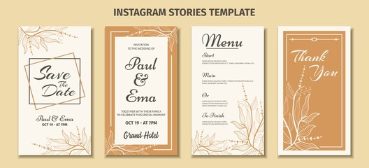 Wedding invitation Instagram stories template with hand drawn floral ornament line art. Floral border, floral frame, social media story, save the date, invitation, menu, thank you card.