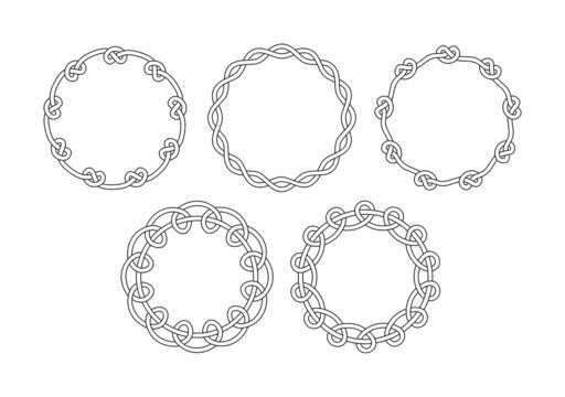 Set of black and white round decorative outline vector frames with knots and loops, isolated on white background