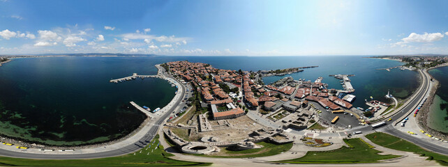 Aerial 360 Degree full sphere Panoramic photo view of the beach front on the beach of Sunny Beach in Bulgaria showing the beautiful view of the coastline and golden sandy beaches and ocean.