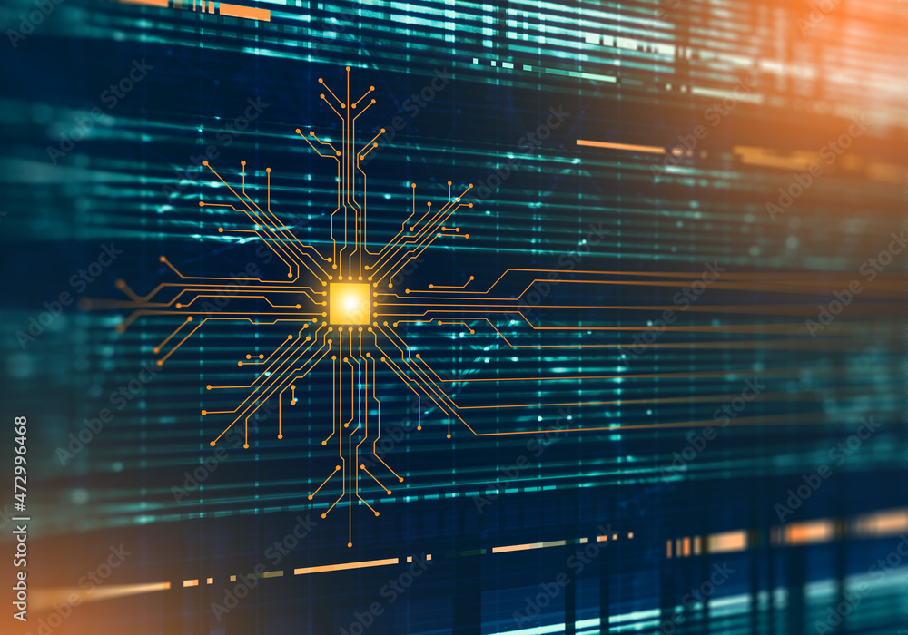 Aufkleber abstract digital illustration of microchip core on snowflake shape on blue background. information t