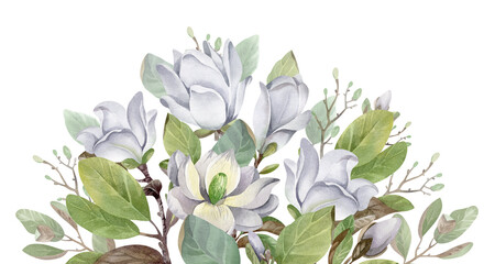 Watercolor seamless border. Blooming magnolia flowers. for fabrics, textiles, roll wallpaper, design, cards, invitations, stickers, wedding, birthday, Valentine's Day, 